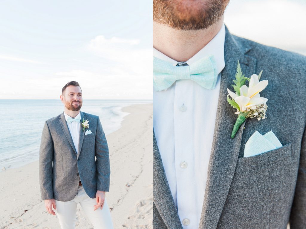 Portrait of the groom and a detail image of his bowtie and buttonhole