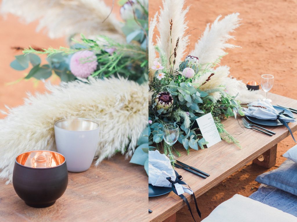 Bohemian picnic style wedding table in the Red Desert in South Africa