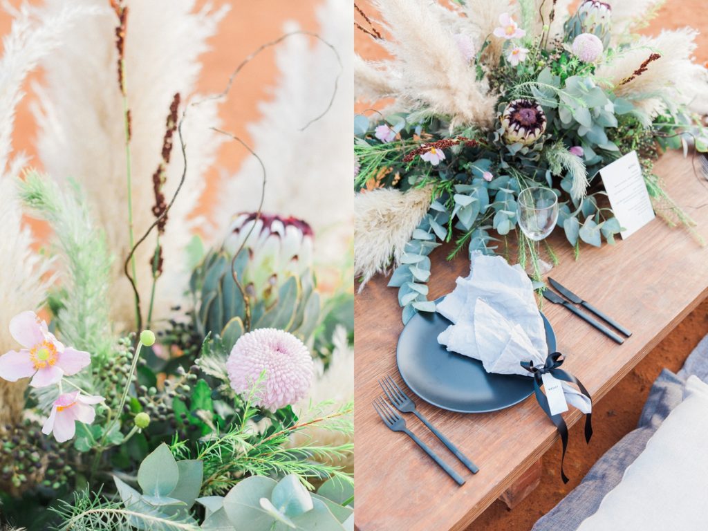 Picnic style wedding table with matte black cutlery and pampas styled by Oh Happy Day in South Africa