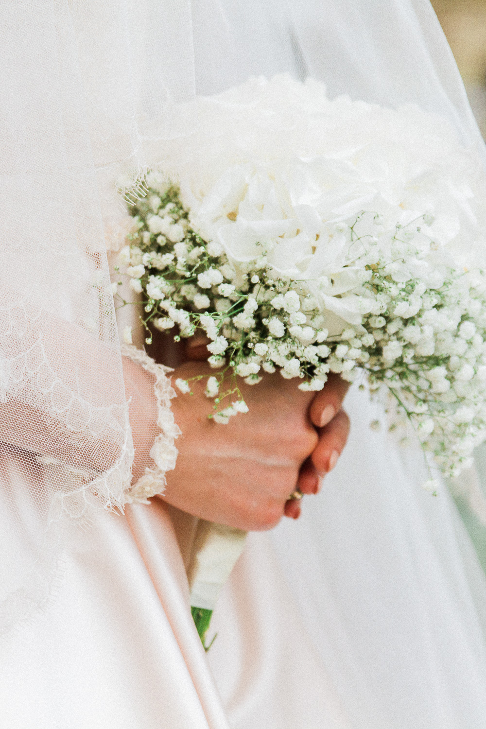 Bride's white hydrangea and baby's breath bouquet