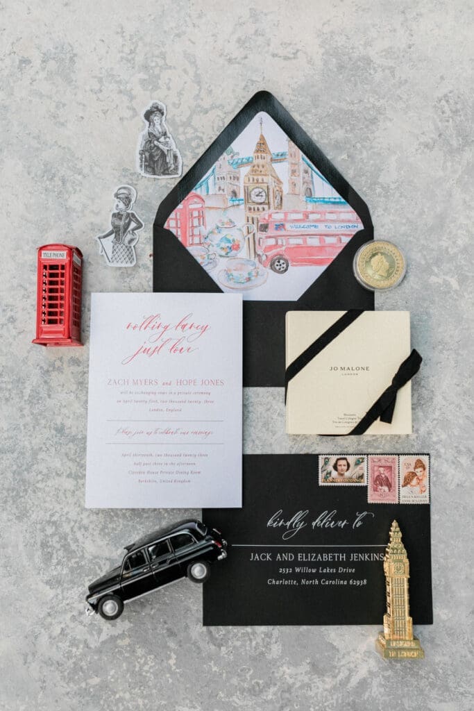 Flatlay of wedding invitation for couples London Elopement
