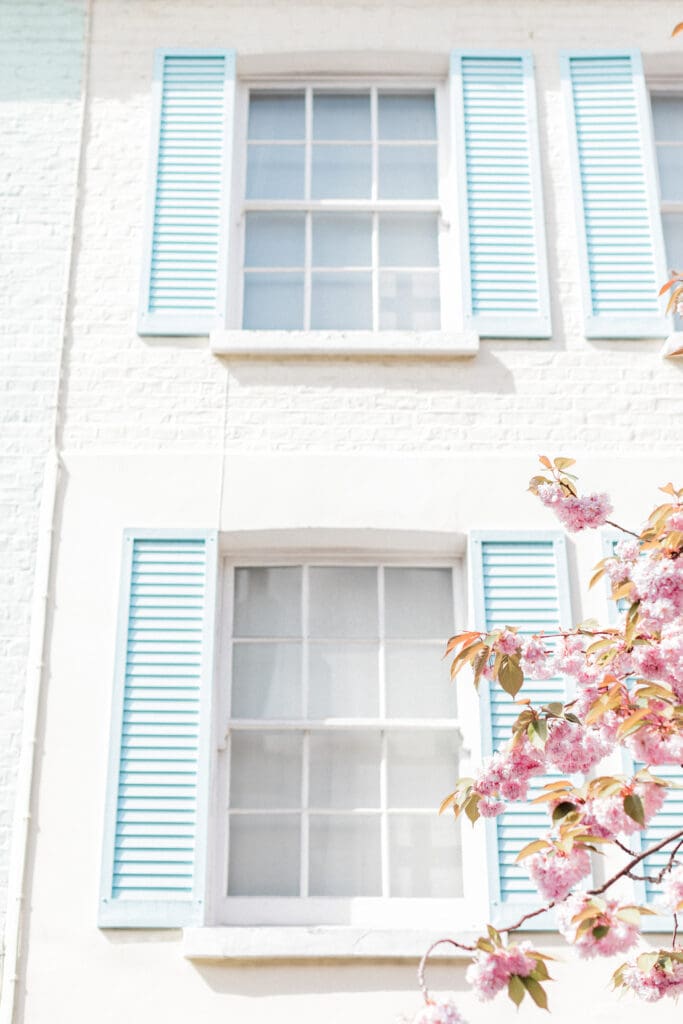 The exterior windows on a white town house in Notting Hill with a hint of pink blossom tree in the corner