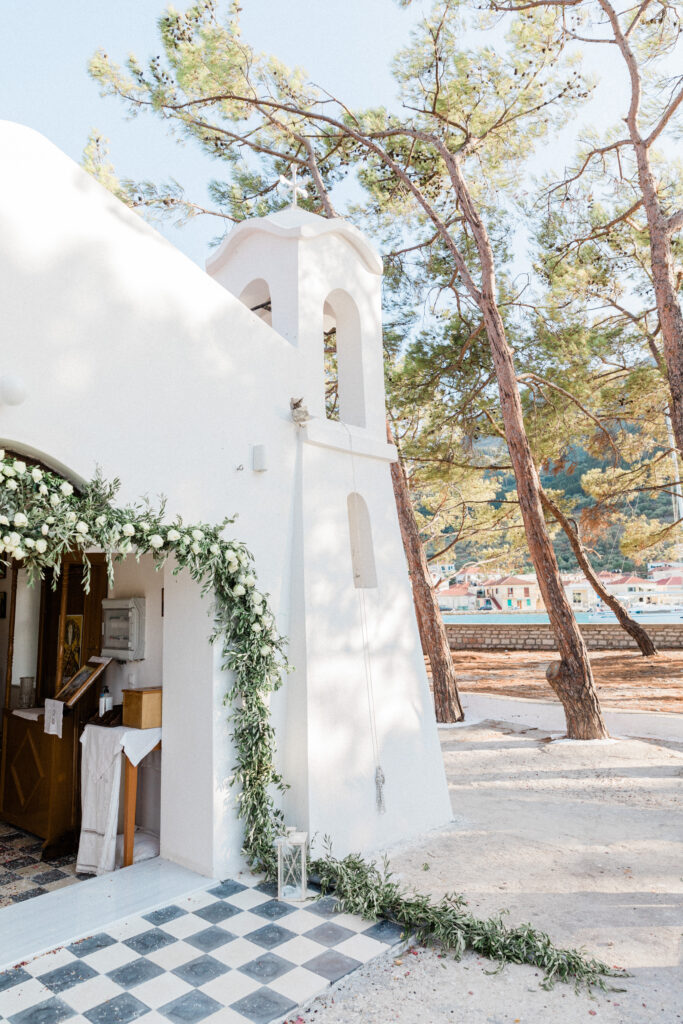 A close up external photo of the church ahead of a wedding ceremony in Ithaca, Greece.