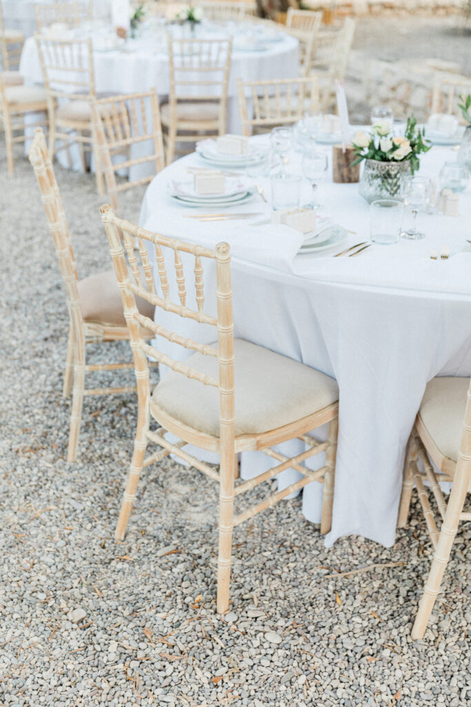 Wedding tables ready for guests ahead of reception in Ithaca, Greece.