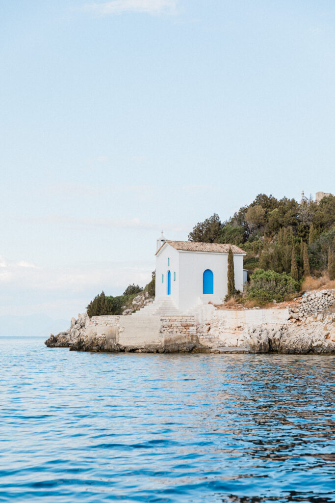 External view of the church in Ithaca taken from the other side of the sea.