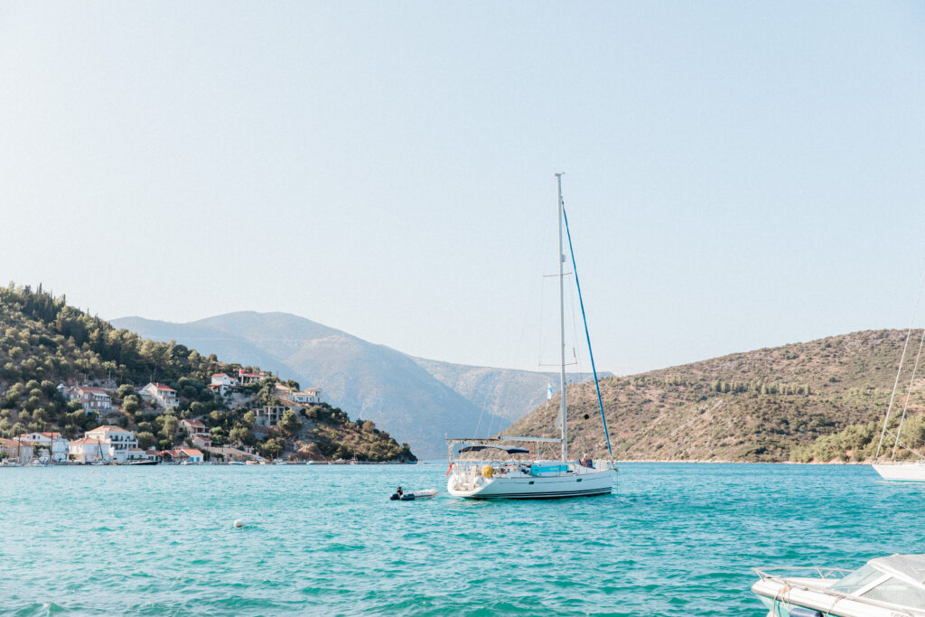 View of a boat in the sea at a wedding in Ithaca, Greece